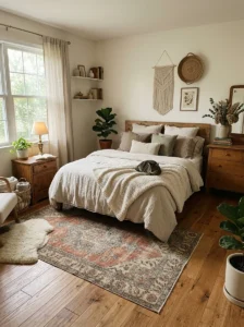 Warm cozy bedroom with textured rug and neutral decor.