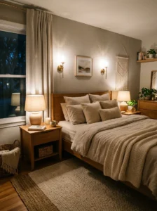 Cozy bedroom with warm layered lighting and soft relaxing atmosphere.