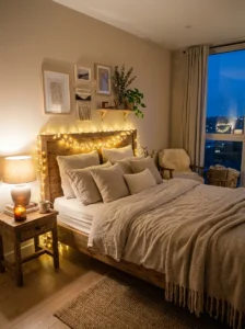 Aesthetic room decorated with warm string lights and cozy accents.