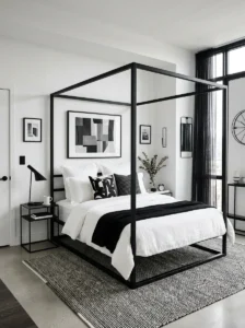 Alt Text: Black and white minimalist bedroom with modern contrast styling.