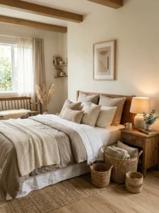 Warm bedroom using woven baskets for stylish hidden storage.