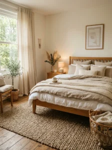 Warm bedroom with textured rug and soft neutral decor.