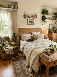 Lived-in cozy bedroom with soft relaxed styling and warm decor.