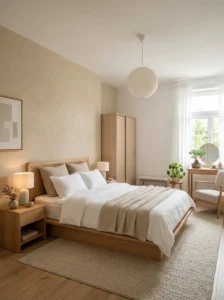 Low wooden furniture in a warm Japandi Scandinavian living room