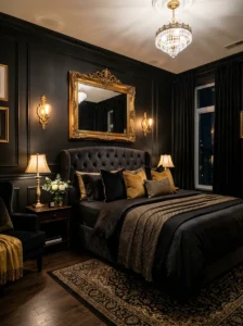 Black bedroom featuring stylish gold accents and elegant decor.