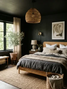 Black bedroom with white bedding and modern styling.