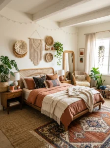 Bohemian bedroom decorated with plants, layered textures, and natural materials.