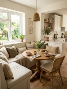 Cozy breakfast corner with cushioned seating and warm wood table.