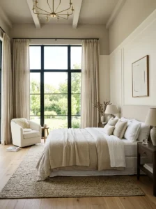 Dream bedroom featuring floor-to-ceiling curtains and natural light.