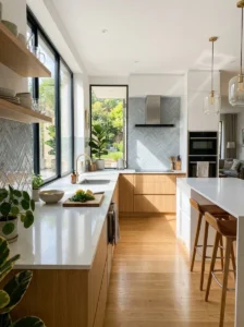 Alt Text: Open kitchen using reflective surfaces to maximize light.