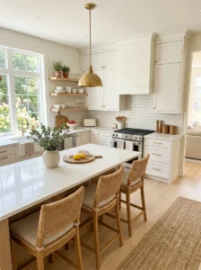 Alt Text: Bright kitchen with soft neutral colors and natural light.