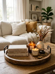 Seasonal candles styled in a cozy neutral living room