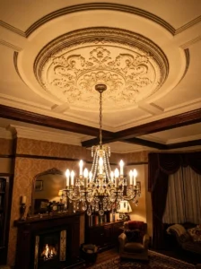Warm lighting highlighting decorative ceiling medallion