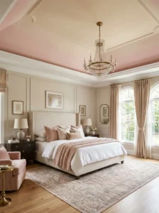 Soft ombre painted ceiling in a dreamy modern bedroom