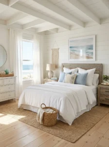 Coastal bedroom with white and blue decor inspired by beach homes.