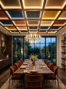 Color-blocked coffered ceiling in a luxury dining room