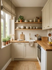 Very small kitchen decorated with warm neutral colors and wood accents.