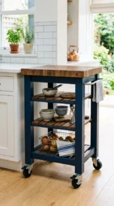 DIY rolling kitchen island with storage shelves and wheels.