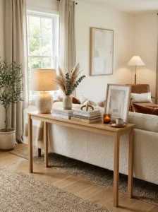Console table styled behind a floating living room sofa