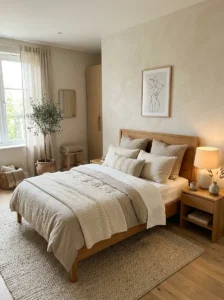 Calm cozy Japandi bedroom with layered neutral decor