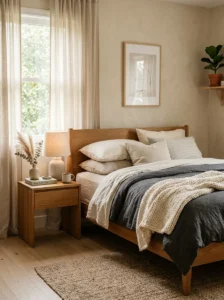 Layered linen textures in a cozy Japandi bedroom