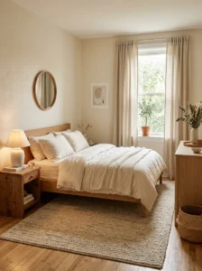 Minimal cozy bedroom with soft textures and warm neutral decor.