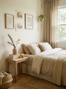 Minimal small bedroom with cozy personal decor touches.