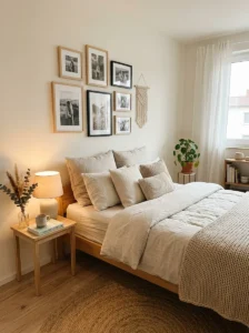 Minimal small room decor with cozy personal styling touches.