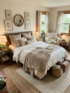 Textured cozy bedroom with layered fabrics and warm decor.