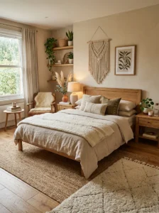 Earthy bedroom featuring layered neutral rugs and warm textures.
