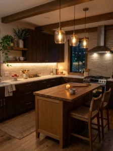 Cozy kitchen with warm layered lighting and soft evening atmosphere.