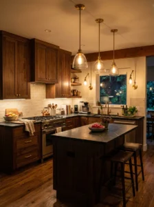 Warm layered kitchen lighting creating a cozy evening atmosphere.
