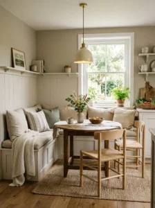 Cozy kitchen dining corner with warm seating and soft lighting.