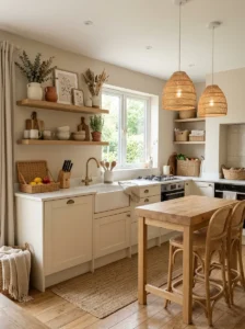 Neutral cozy kitchen with layered warm tones and soft textures.