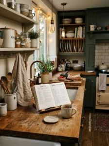 Cozy lived-in kitchen with warm wood details and soft textures.