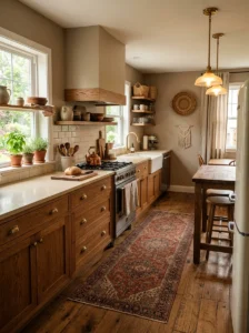 Cozy kitchen with vintage rug and warm neutral decor.