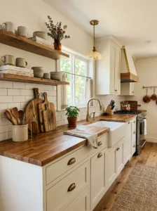 Modern kitchen with vintage-inspired warm decor and brass accents.