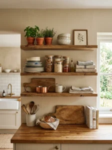 Open kitchen shelving styled with ceramic dishes and warm decor.