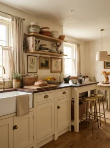 Warm cozy kitchen with personal decor details and natural textures.