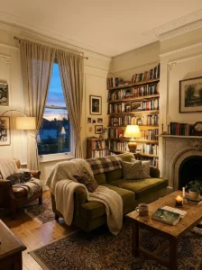 Lived-in room with elegant ceiling molding detail