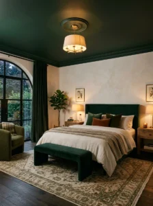 Color drenched ceiling creating a cozy luxury bedroom atmosphere