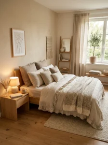 Alt Text: Warm neutral minimalist bedroom with layered textures and soft colors.
