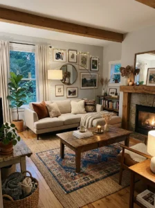 Warm cozy room mixing modern furniture with vintage decor.