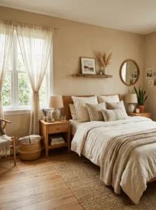 Cozy bedroom with soft beige walls and warm neutral decor.
