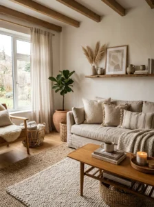 Layered textures creating warmth in a cozy modern room