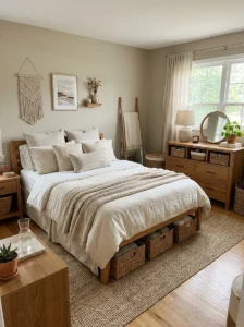 Organized cozy bedroom with hidden storage and warm neutral decor.
