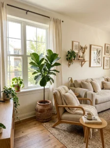 Indoor plants placed near natural sunlight in a cozy room