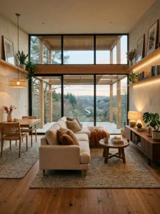 Modern room with airy furniture layout and cozy natural decor.