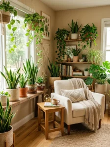 Houseplants bringing natural beauty into a cozy living space.