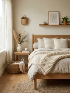 Warm cozy room with soft layered lighting and neutral decor.